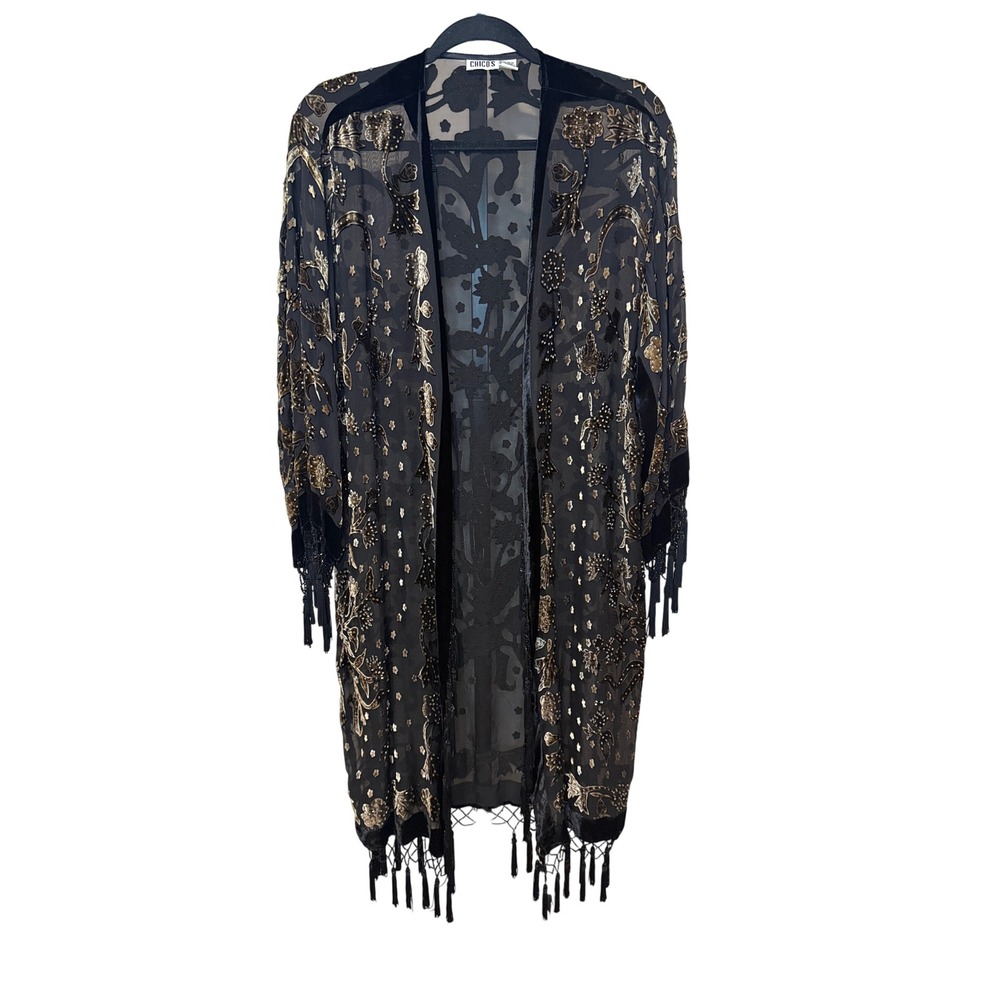 Chicos Vintage Black Gold Silk Burnout Velvet Beaded Fringed Kimono Duster S/M